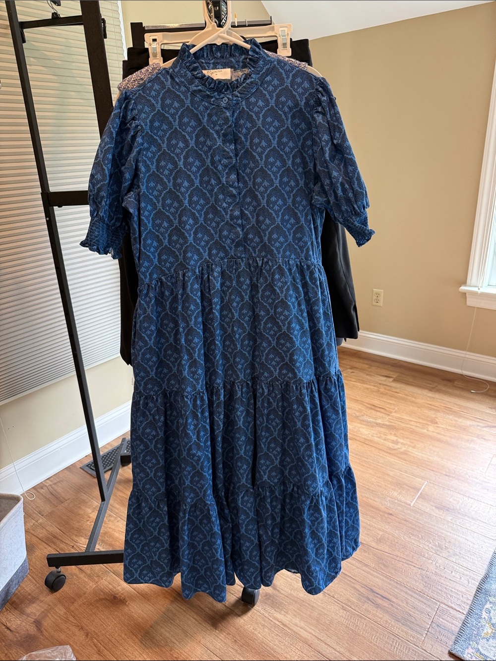 Tuckernuck Indigo Blue Printed Ruffle-Neck Tiered Midi Dress